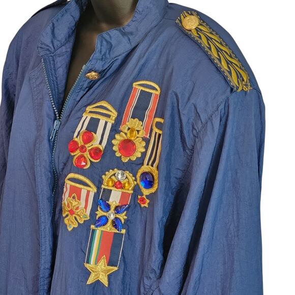 VINTAGE 1980s Lavon military bomber windbreaker jacket blue embellished size M - Picture 2 of 10